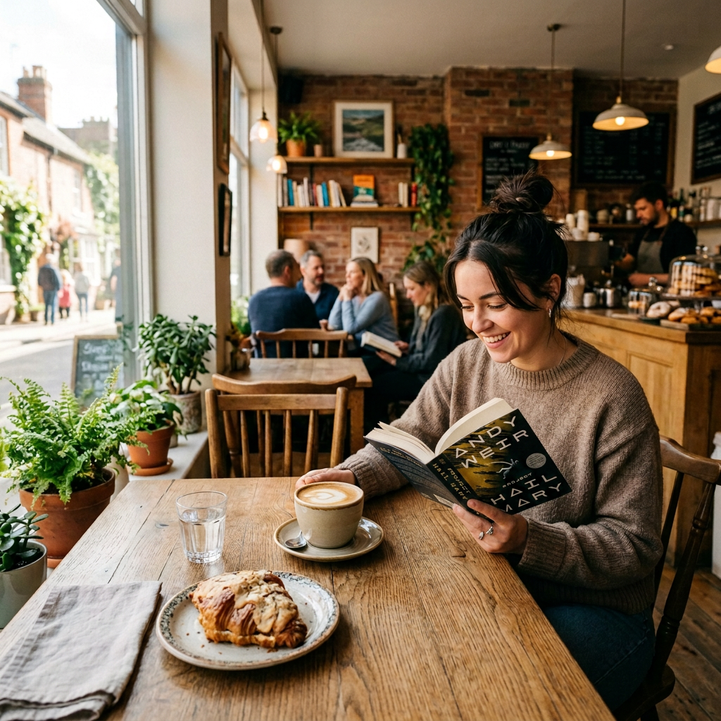 Woman reading The Midnight Library with coffee and pastry in a café